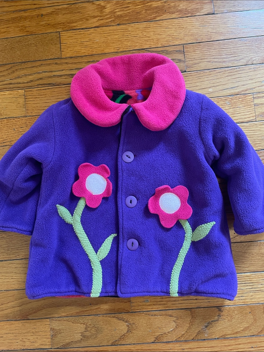 Boutique Girls' Purple Fleece Flower Jacket with Pink Collar Reversible size 2
